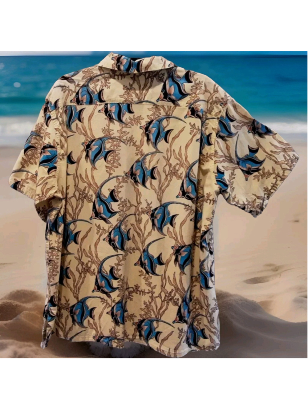 GO BAREFOOT Vintage Hawaiian Mellow Yellow Blue Fish Aloha Shirt Made USA Sz XL - Picture 8 of 14